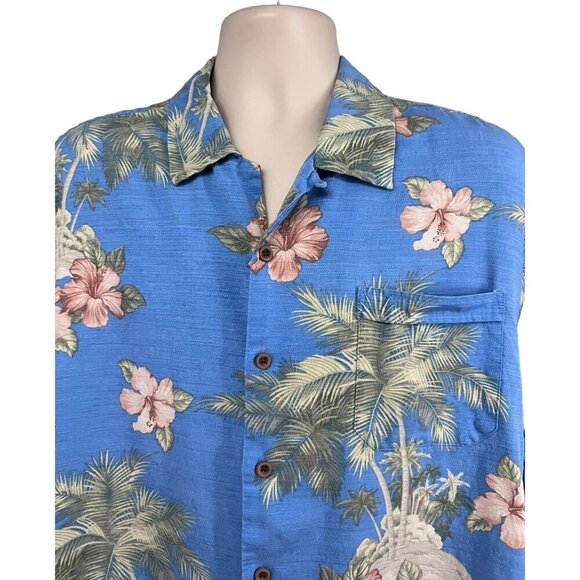 Jamaica Jaxx Mens Blue Silk Floral Hawaiian Button Up Shirt XL Pocket Relaxed - Picture 4 of 7